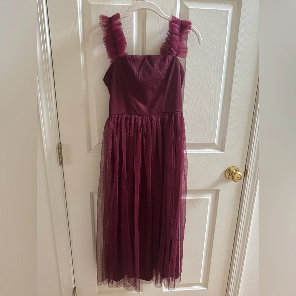 Divine Invitation Burgundy Tulle Swiss Dot Ruffled Midi Dress size XS - Picture 3 of 11